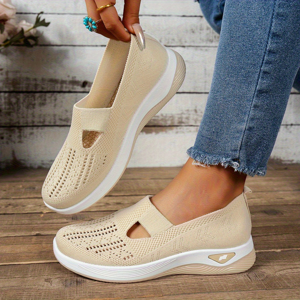 Ayollar uchun nafas oladigan tarmoqli slip-on sport poyabzali, engil yurish uchun, rezina taglik