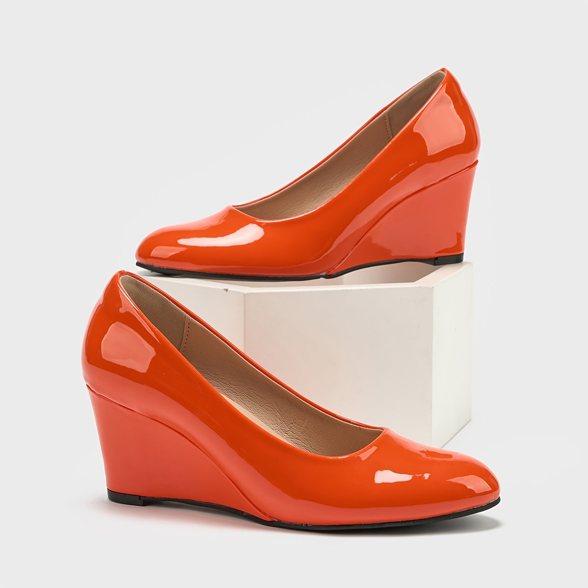 Women's Orange Glossy High Heel Pumps Breathable Dress Shoes
