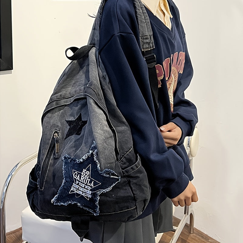 Yuvilgan Gradient Denim Elka Sumkasi, Qizil Yulduz Patch bilan, Ayollar uchun Katta Hajm