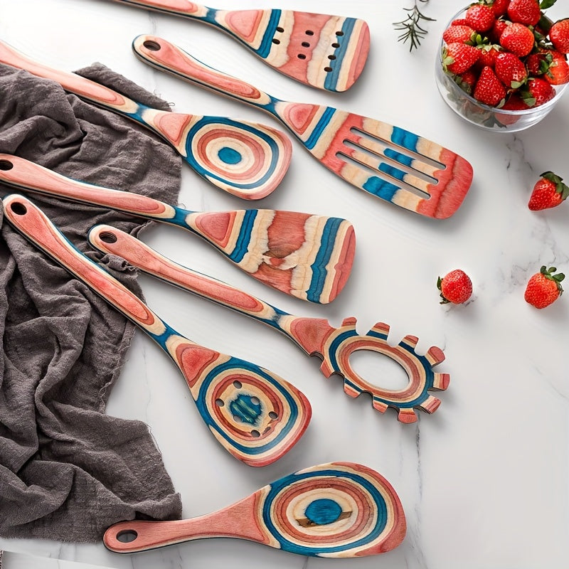 Set of 7 Colorful Wooden Kitchen Utensils Heat-Resistant Spatula Turner Spoon Fork Salad Servers