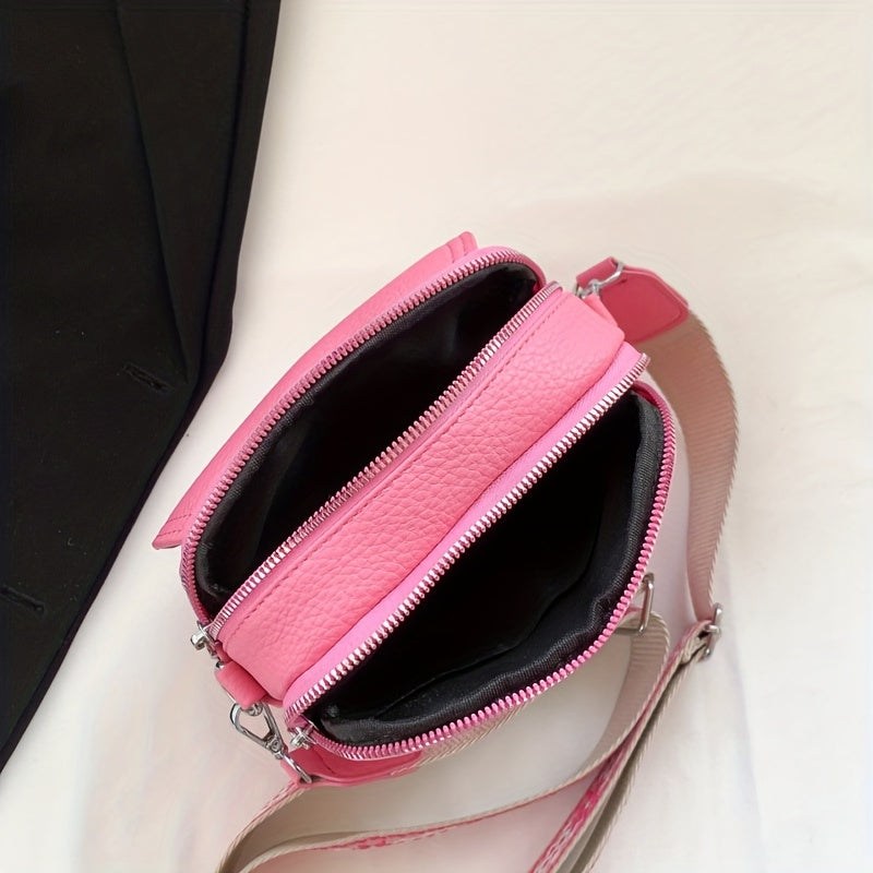 Square Crossbody Bag with Wide Strap Zipper in Solid Color PU Material