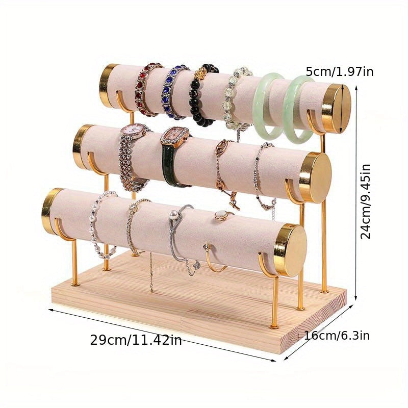 Стильная трехъярусная подставка для украшений в золотистом оттенке с деревянной основой для часов и аксессуаров