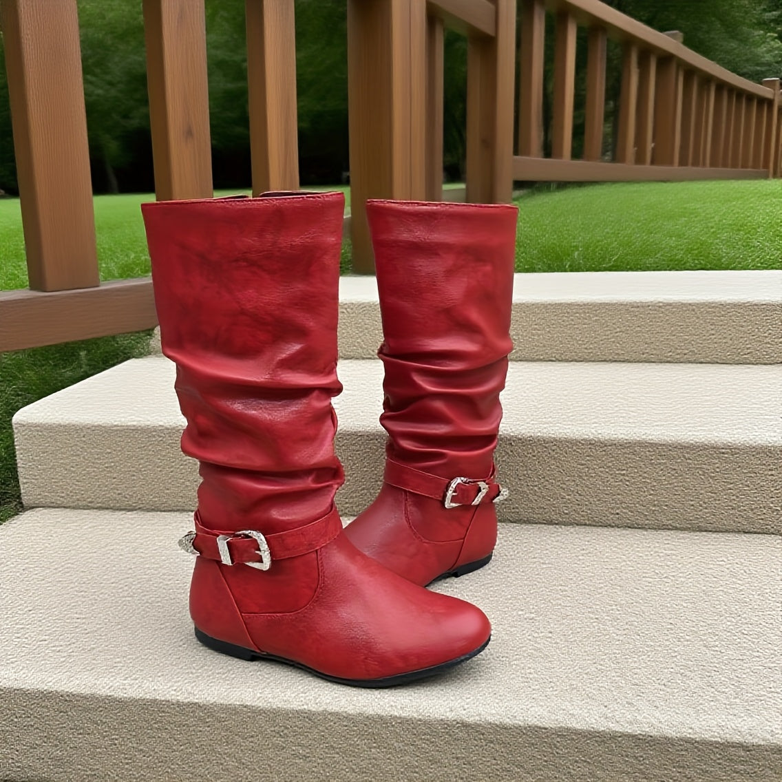 Women's Solid Color Mid-Calf Slouchy Boots with Side Zipper Buckle