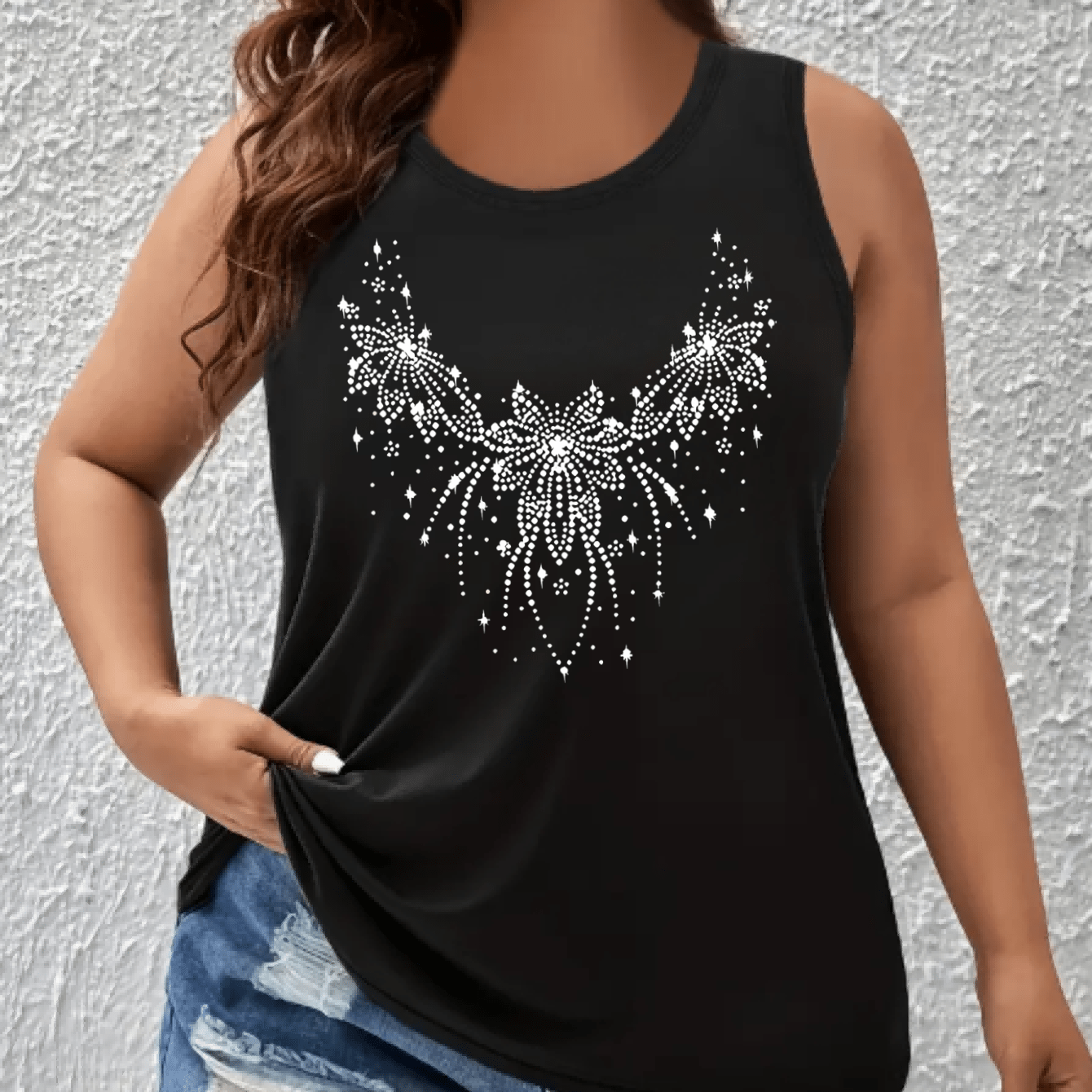 Plus Size Women's Off-Shoulder Vest Top Geometric Print Sleeveless Shirt Summer Breathable Stretch