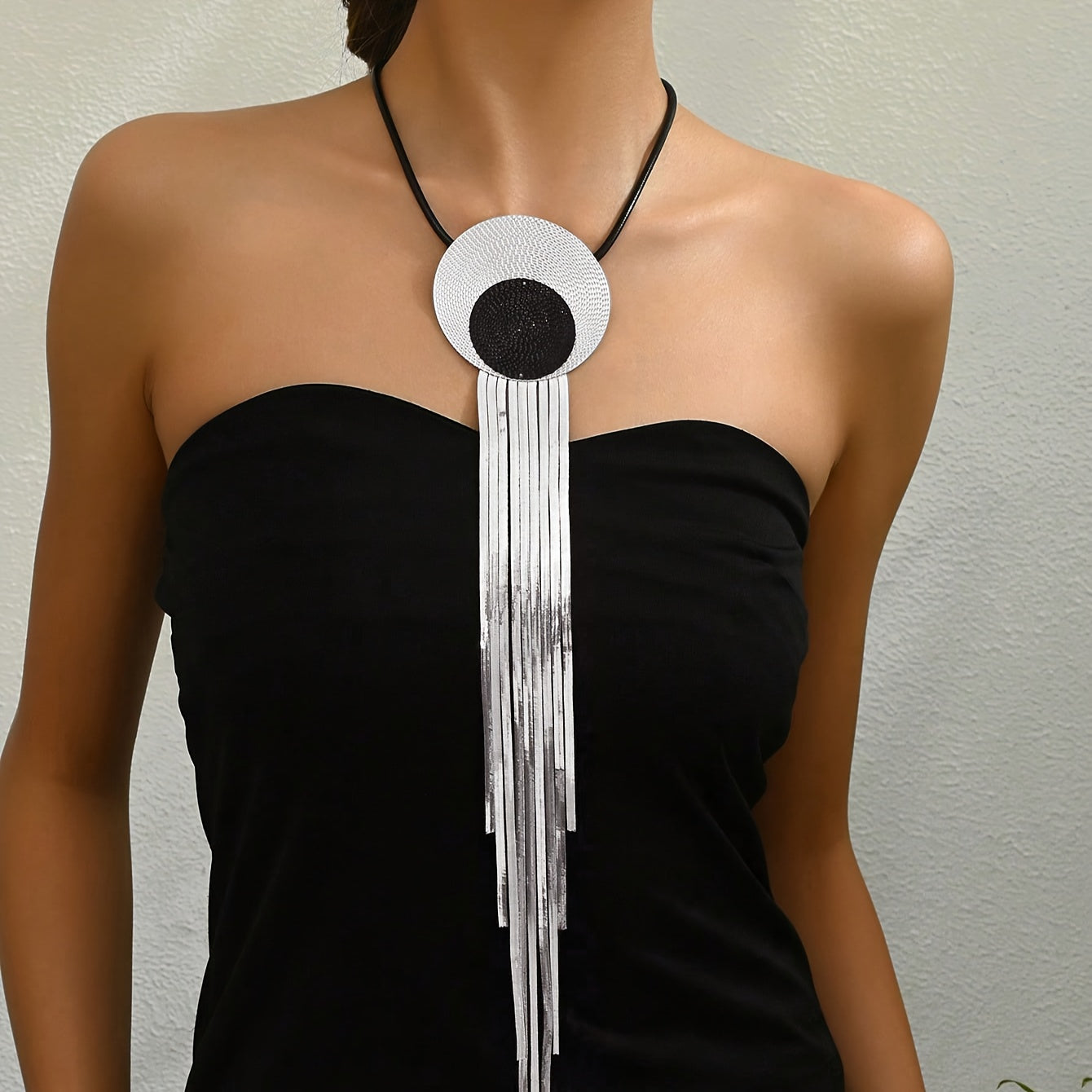 Vintage Fingerprint Inspired Metal Y-Shaped Pendant Necklace with Long Fringe Strands