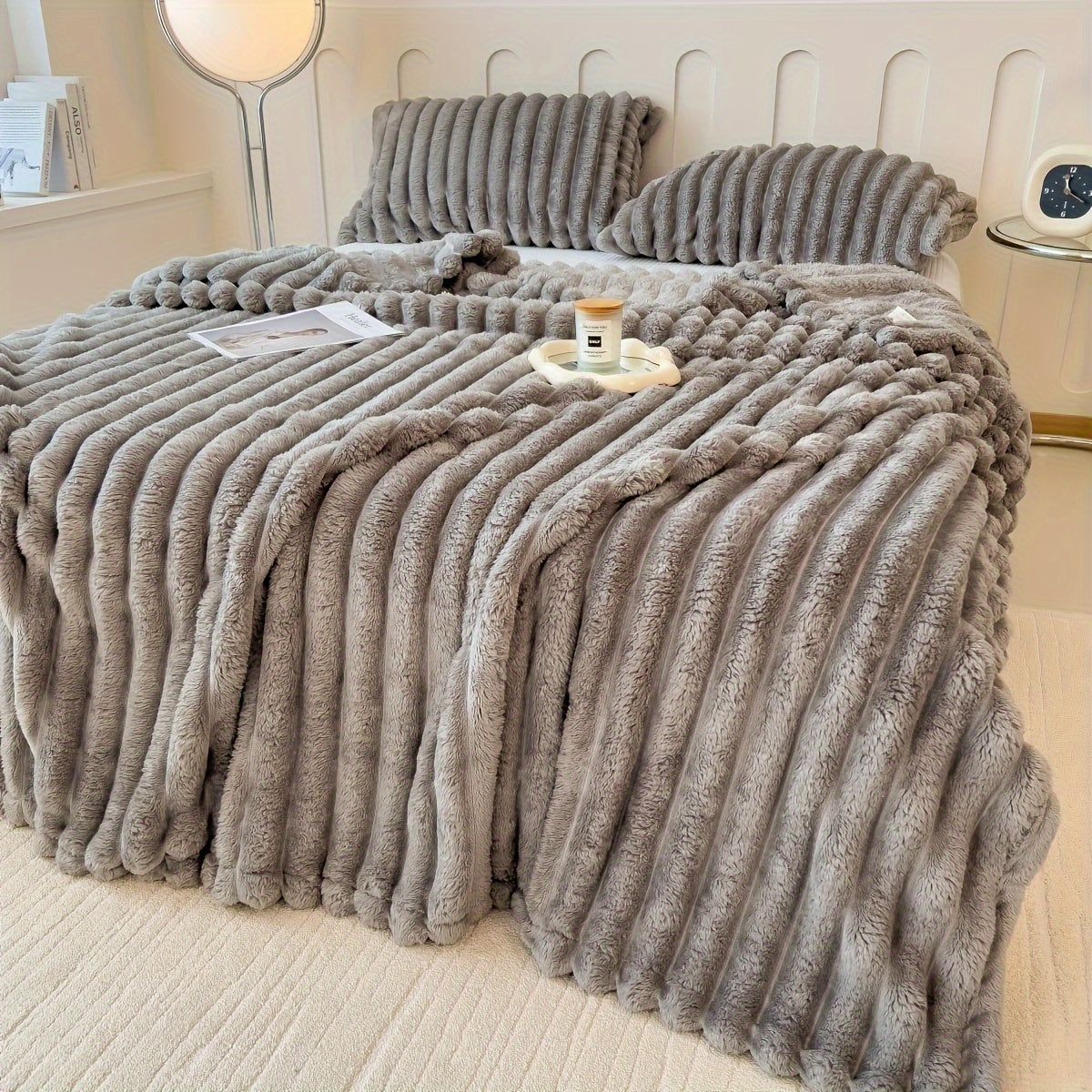 Striped Plush Throw Blanket for Couch Bed All-Season Warmth