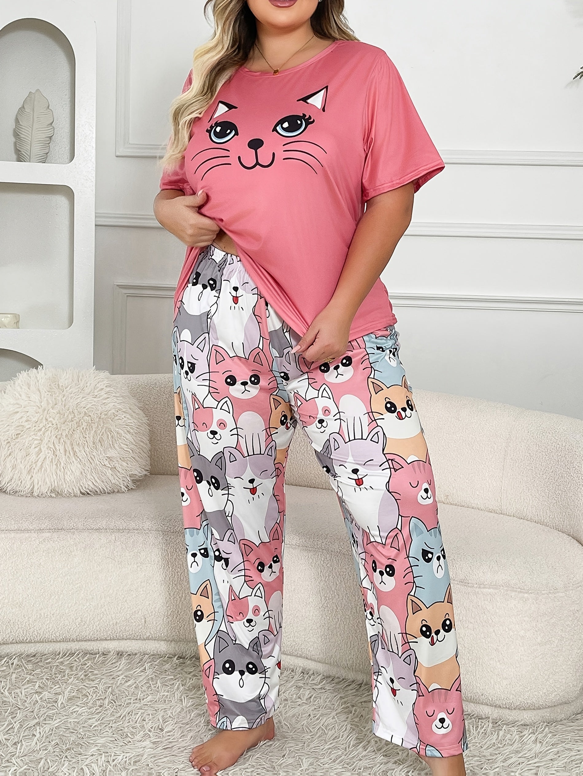 Женский комплект ночной одежды больших размеров с мультяшным принтом животных, короткий рукав, брюки