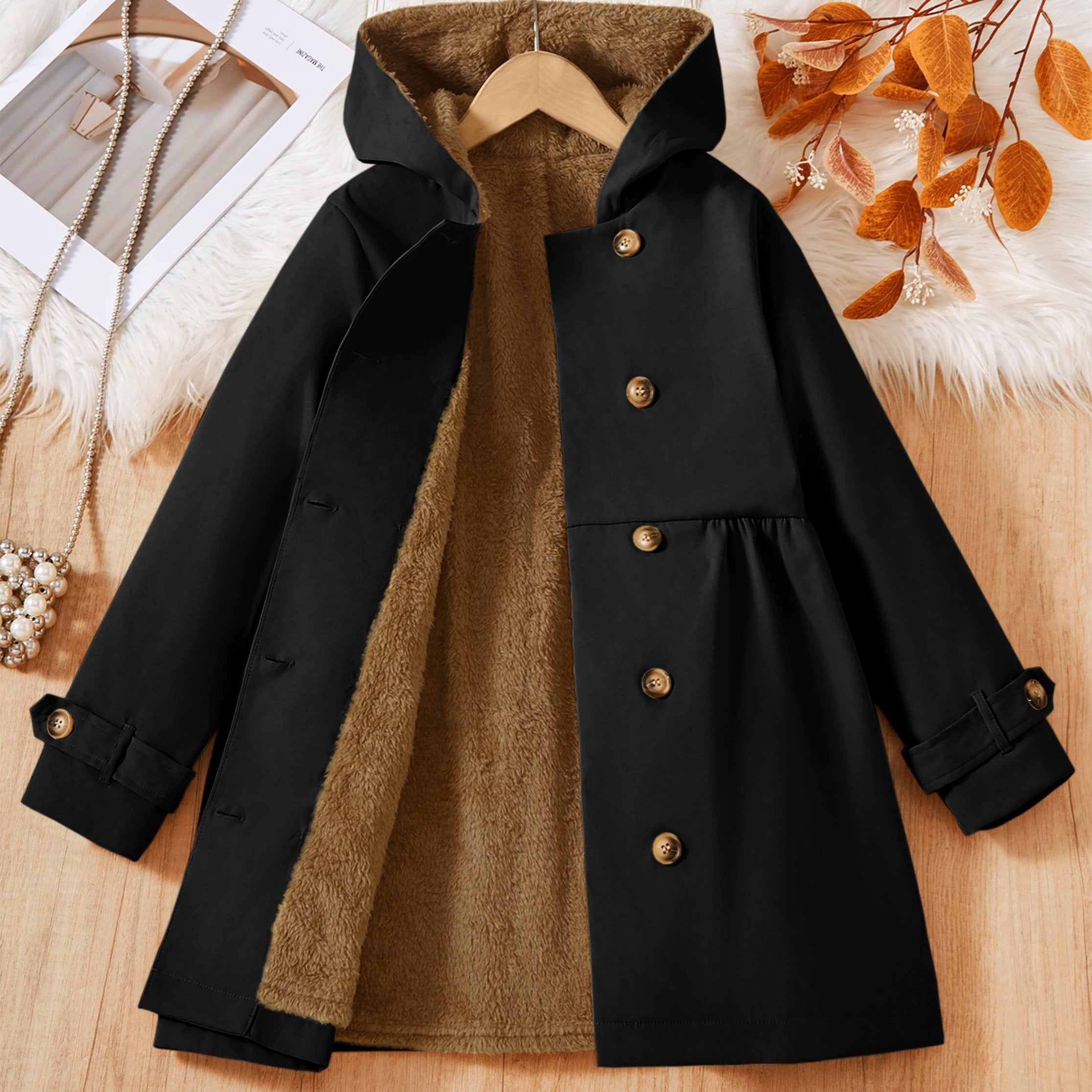 Girls Hooded Padded Coat Lightweight Double-Breasted Fall Winter Solid Polyester