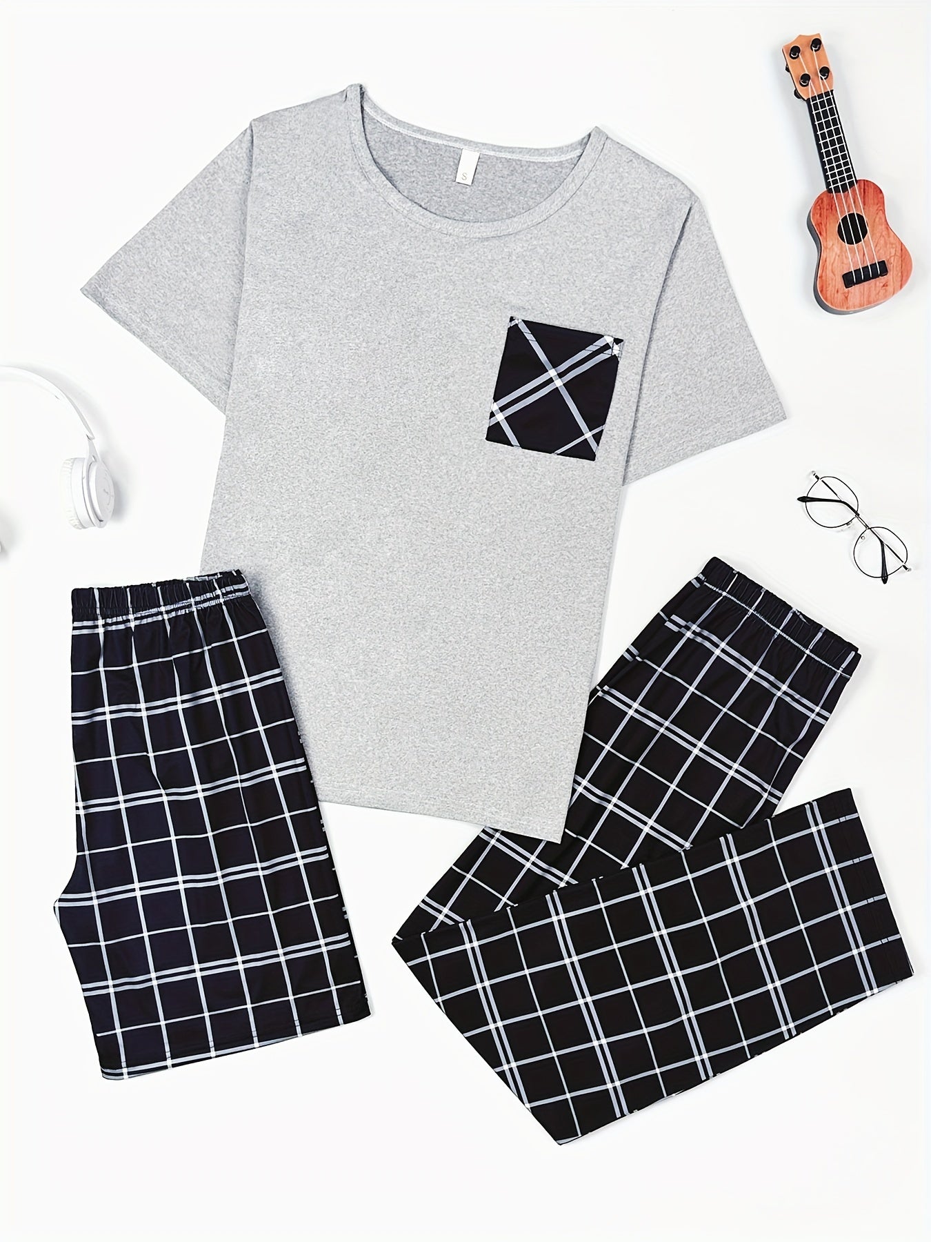 Men's Plaid Sleepwear Set with Crew Neck T-Shirt Long Pants and Shorts Polyester All Season