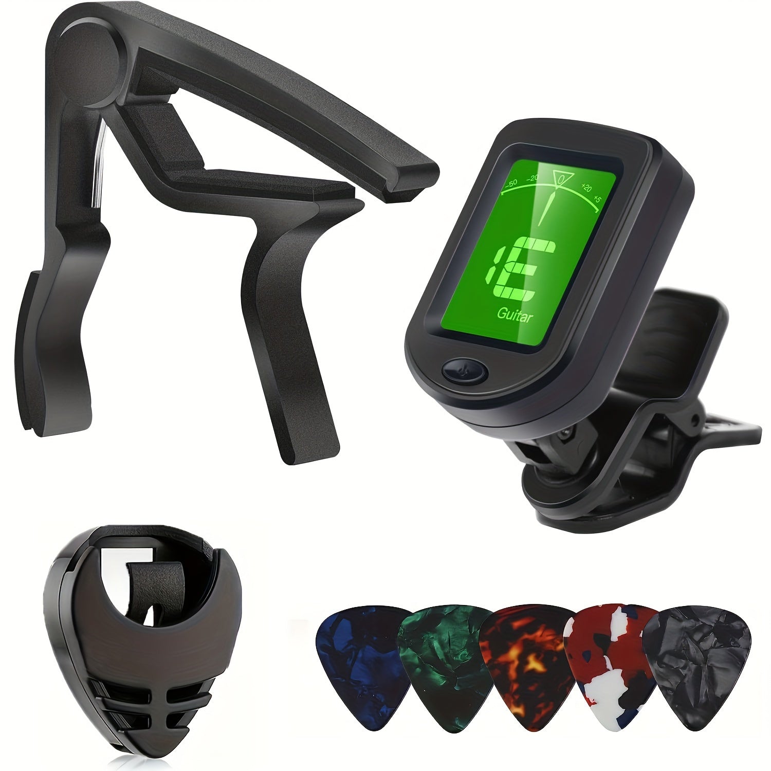 Alloy Guitar Capo Set with Tuner Picks Holder 5 Picks for Acoustic Electric Ukulele Bass
