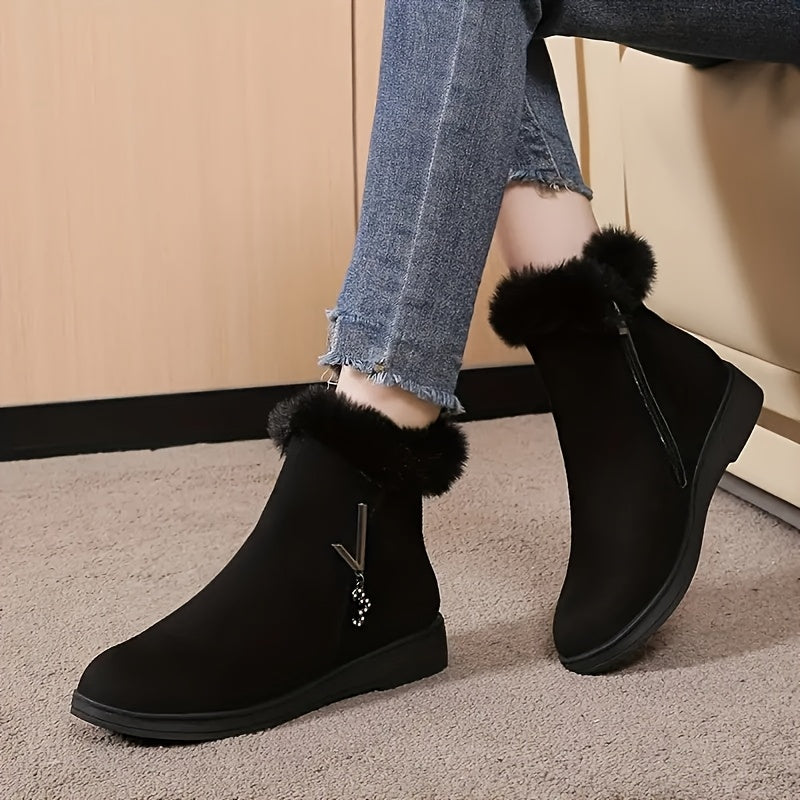 Women's Fleece-Lined Winter Ankle Boots with Side Zipper Black
