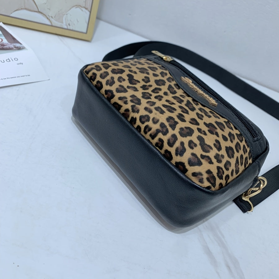 Bolso bandolera de leopardo para mujer, pequeño, de PU negro, casual, con bolsillo para teléfono y monedero