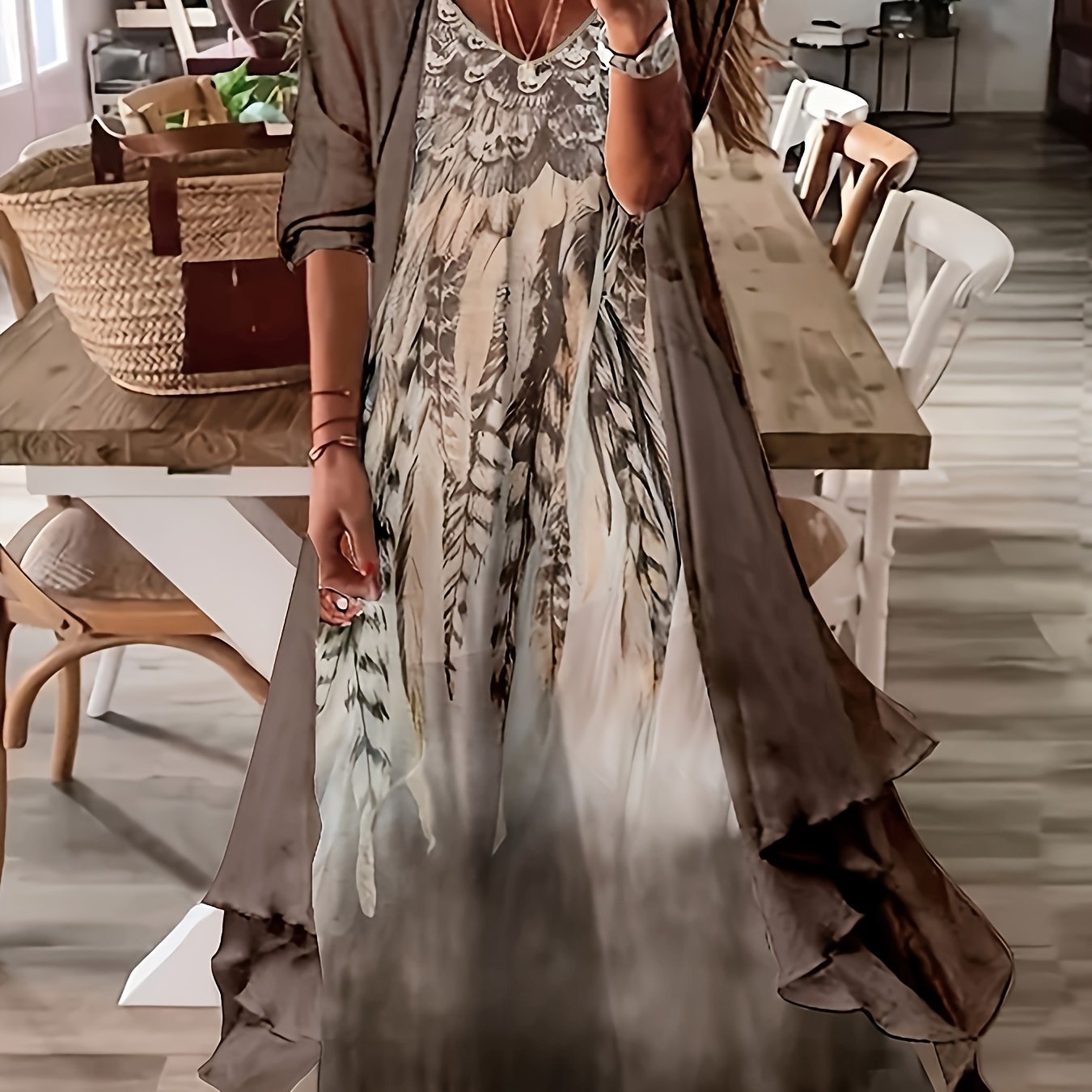 Vintage Floral Printed Short Sleeve Dress with Pleats and Fake Two-Piece Design