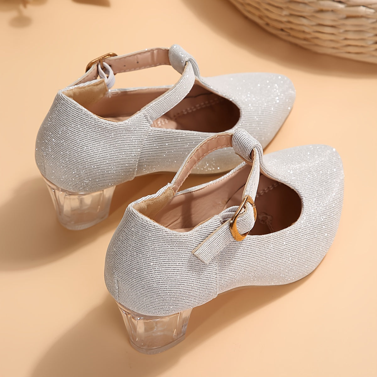 Girls High Heeled Shoes Spring Autumn Embroidered Flower Glitter PVC Pointed Toe