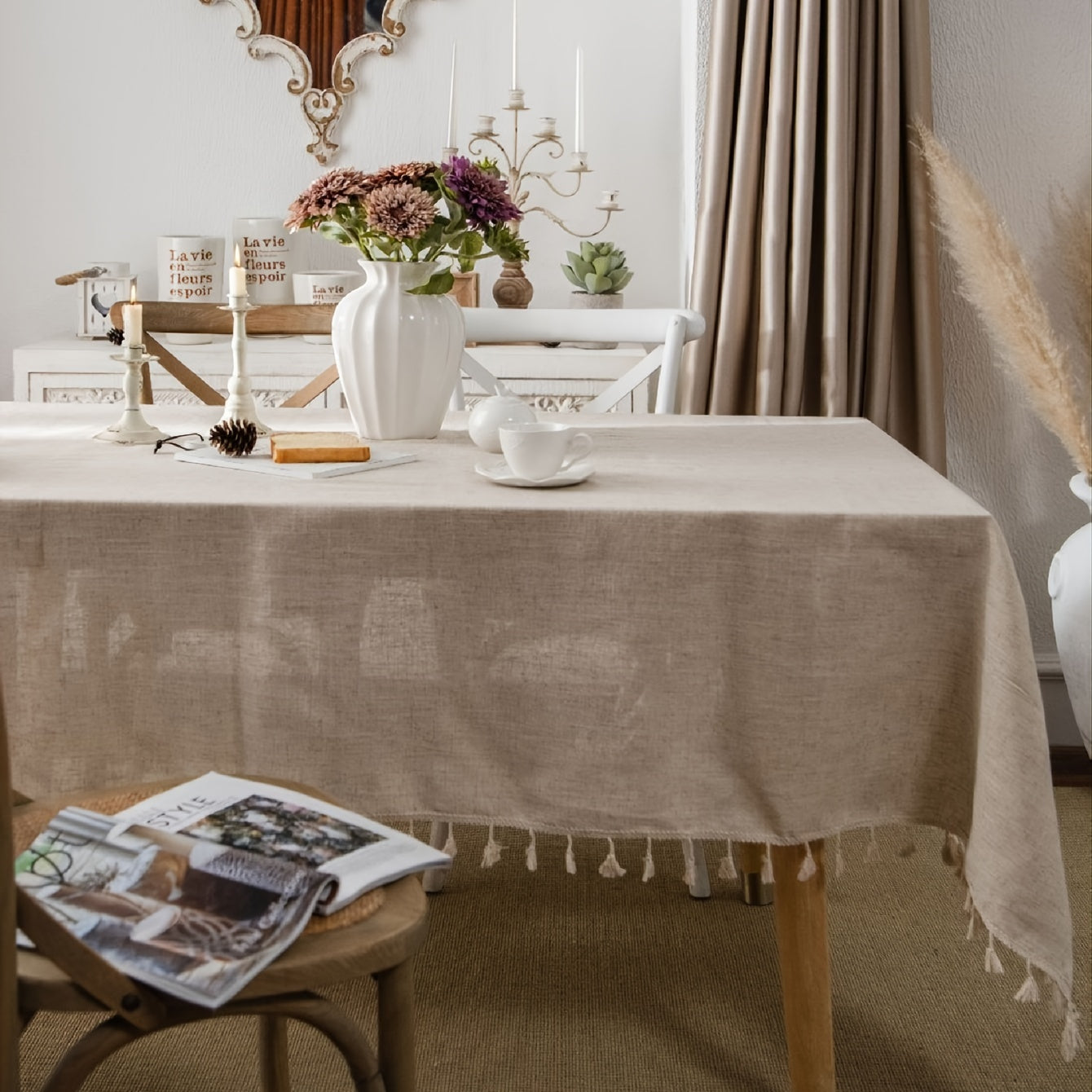 Beige Linen Farmhouse-Style Tablecloth with Fringed Edges for Holidays and Events