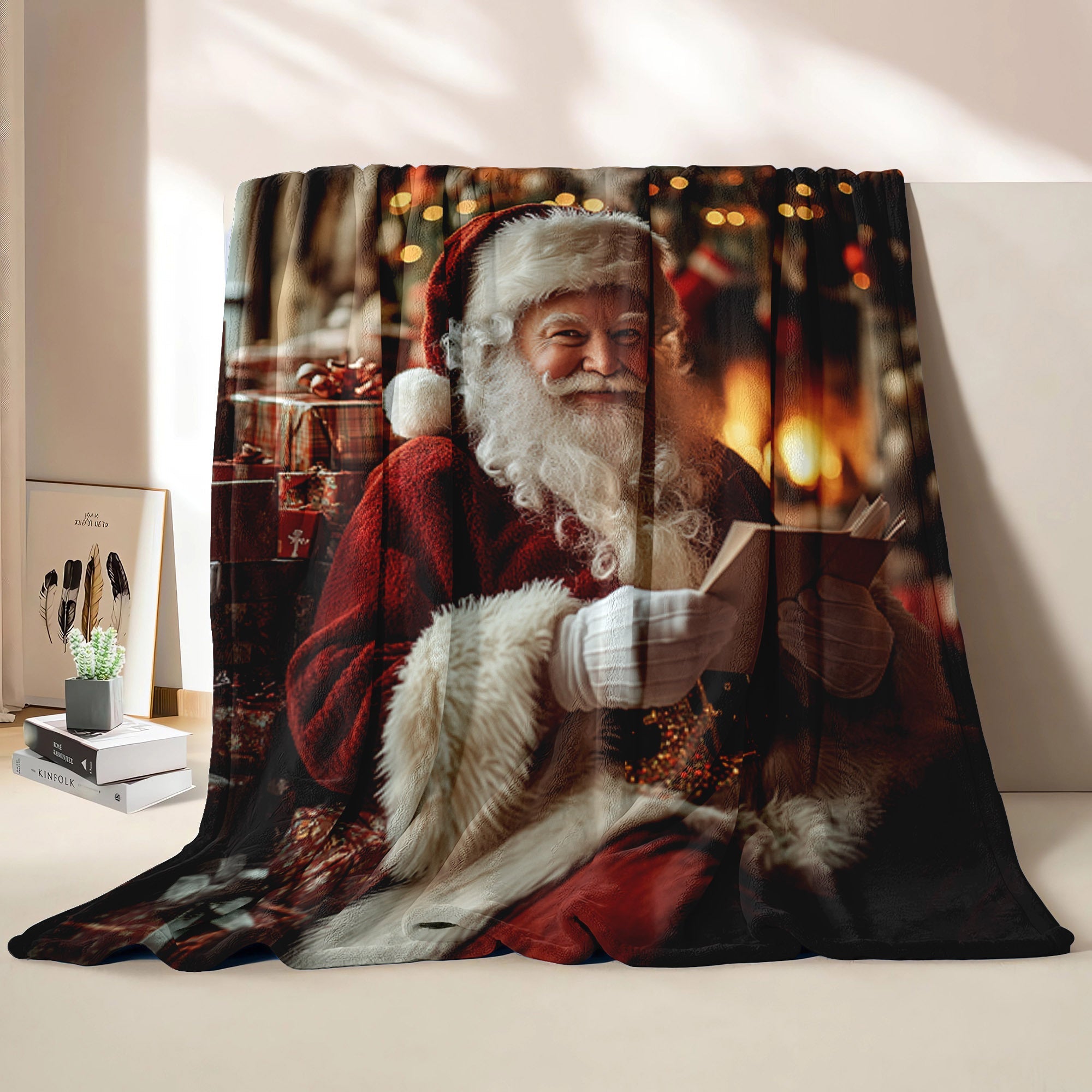 Flannel Fleece Throw Blanket with Digital Santa Print Hypoallergenic Quilted All-Season Christmas Gift
