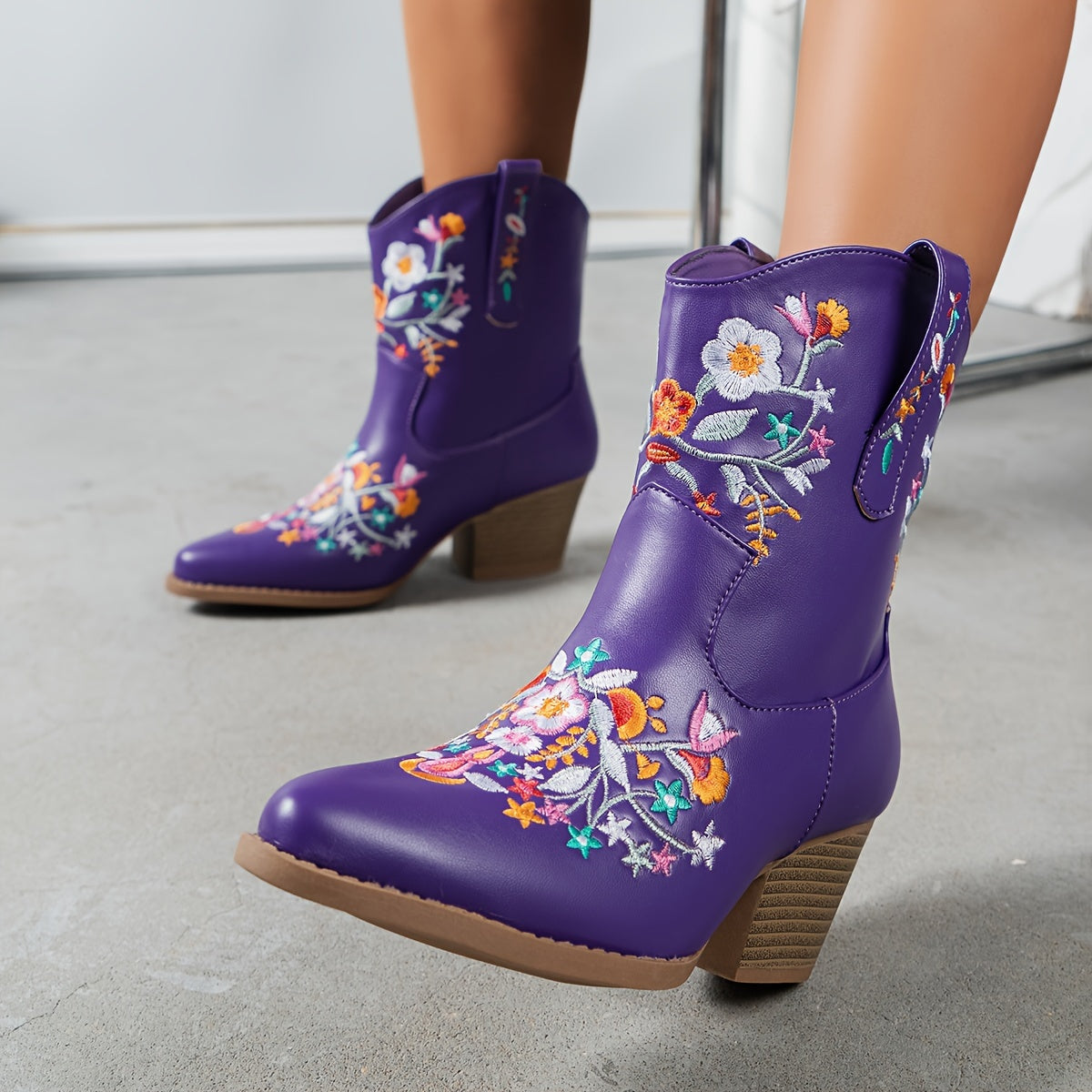 Women's Floral Embroidered Faux Over-the-Knee Boots Purple Chunky Heel