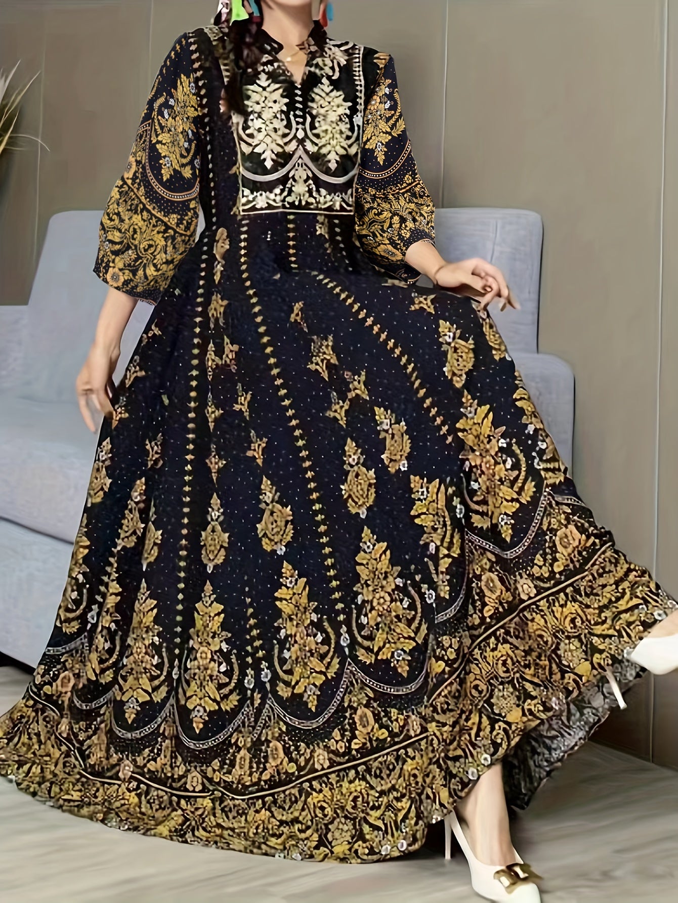 Women's Ethnic Floral Print Maxi Dress with V Neck, 3/4 Sleeves, Woven Polyester for Vacation