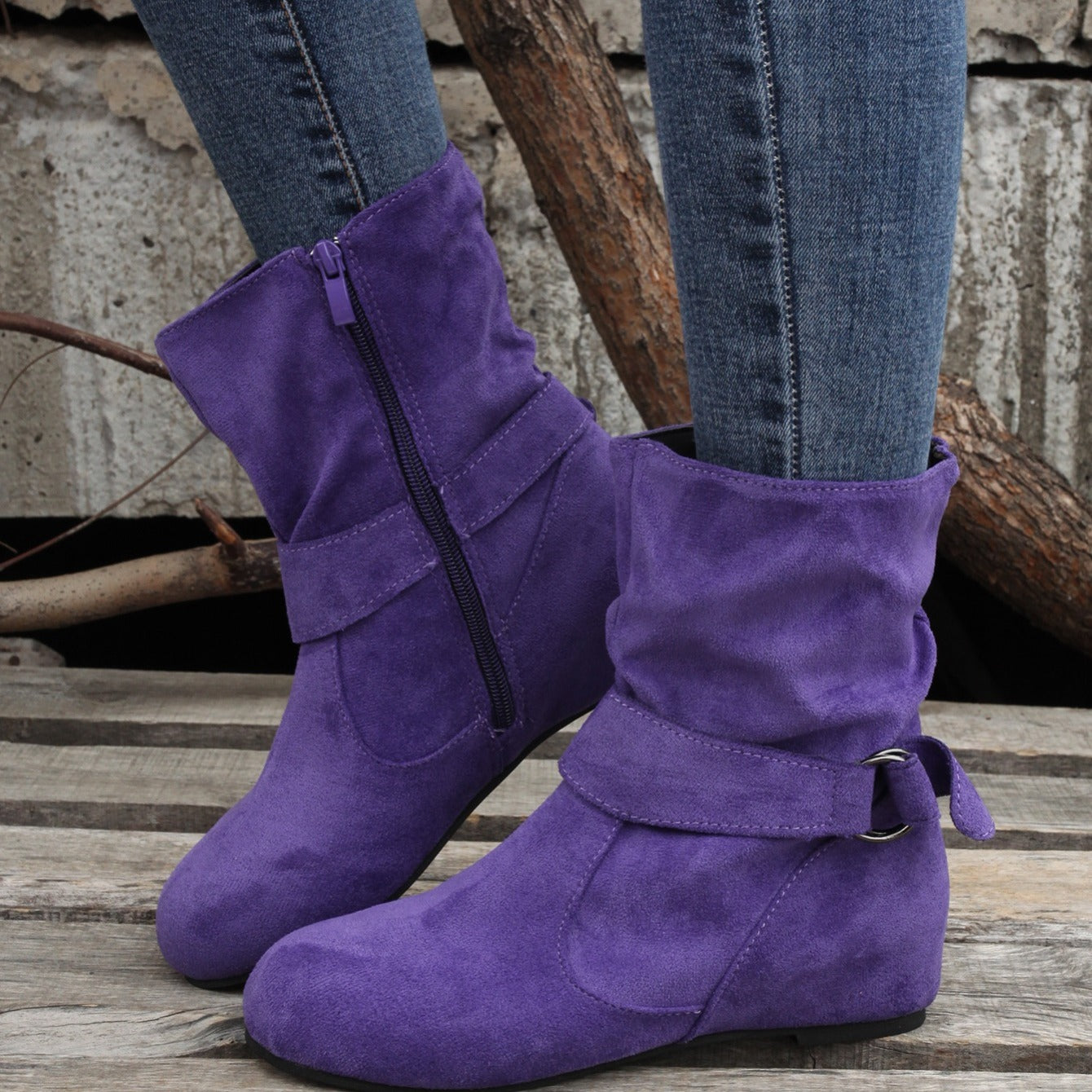 Women's Ankle Boots Solid Color Round Toe Buckle Side Zipper Outdoor Shoes