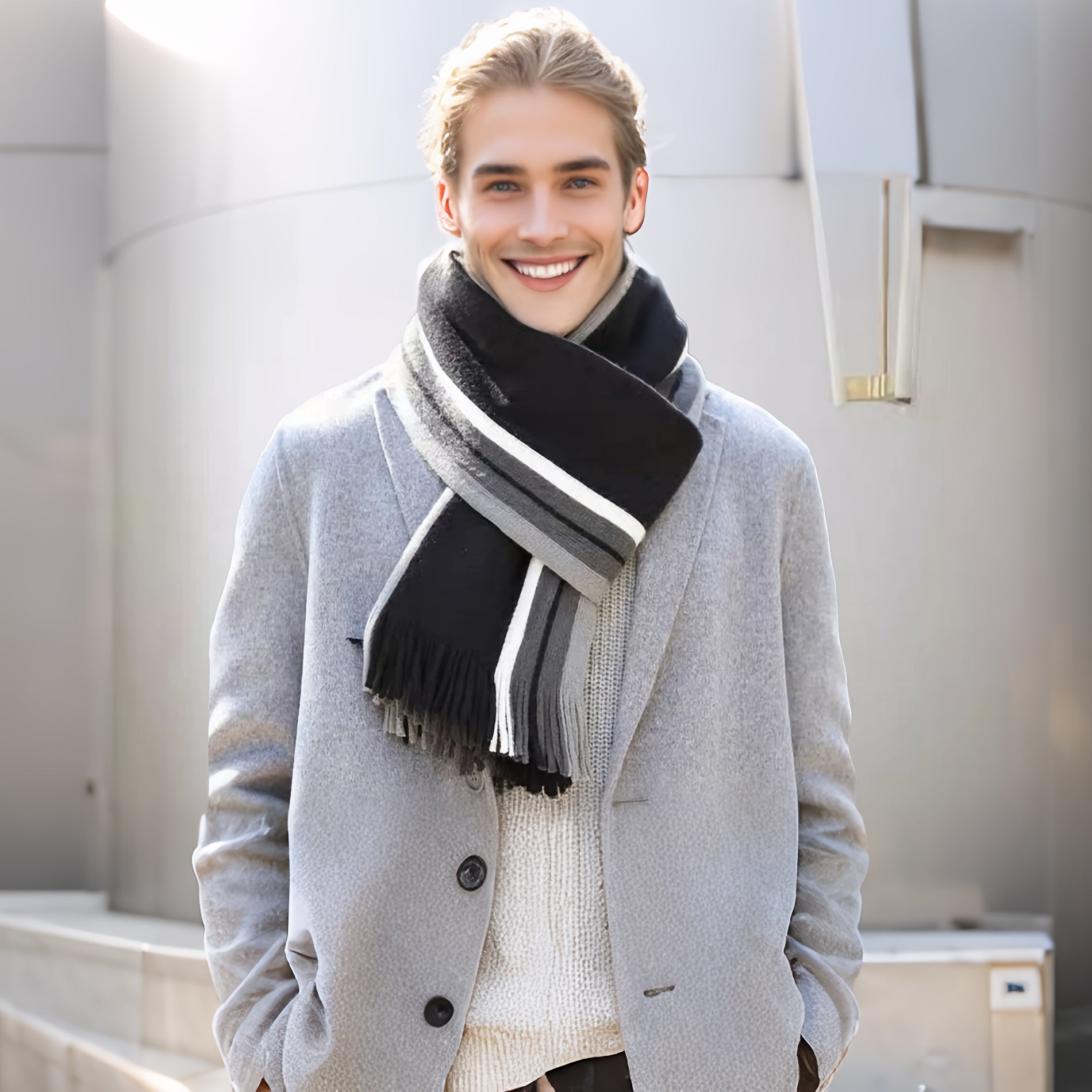 Men's Striped Color Block Scarf with Tassel Detail Warm Acrylic Outdoor Fashion