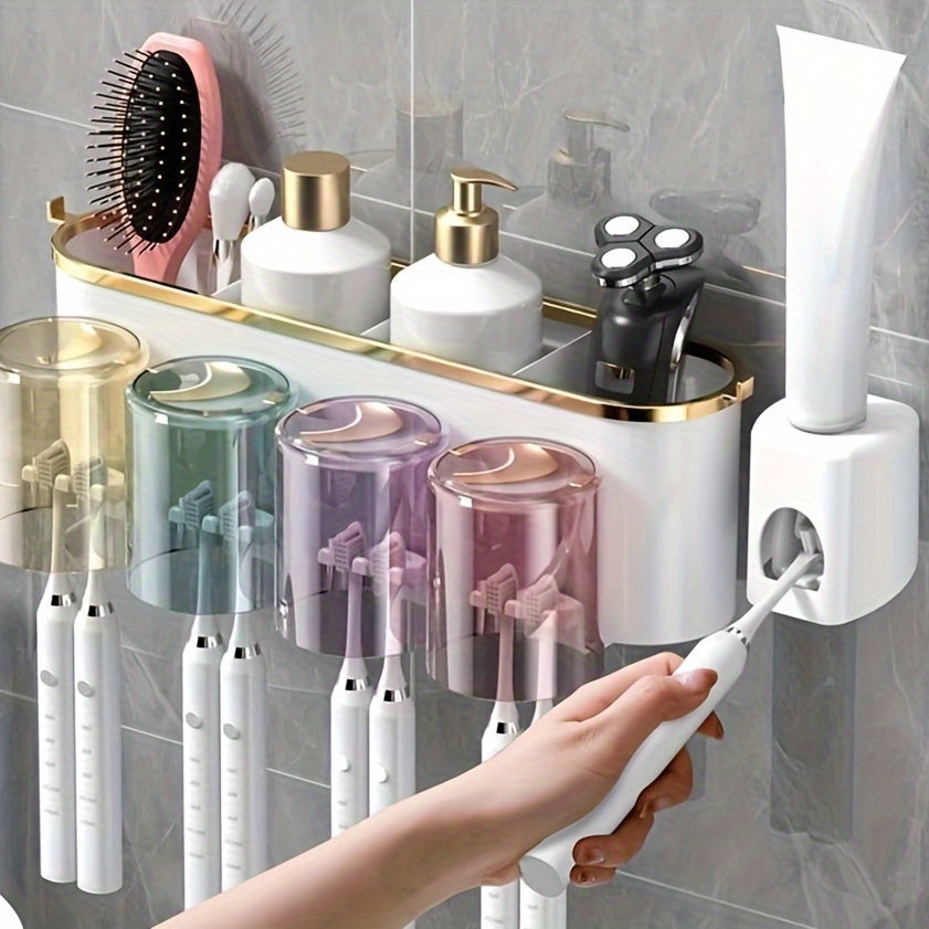 Wall-Mounted Toothbrush and Toothpaste Holder with Squeezer and Storage Shelf