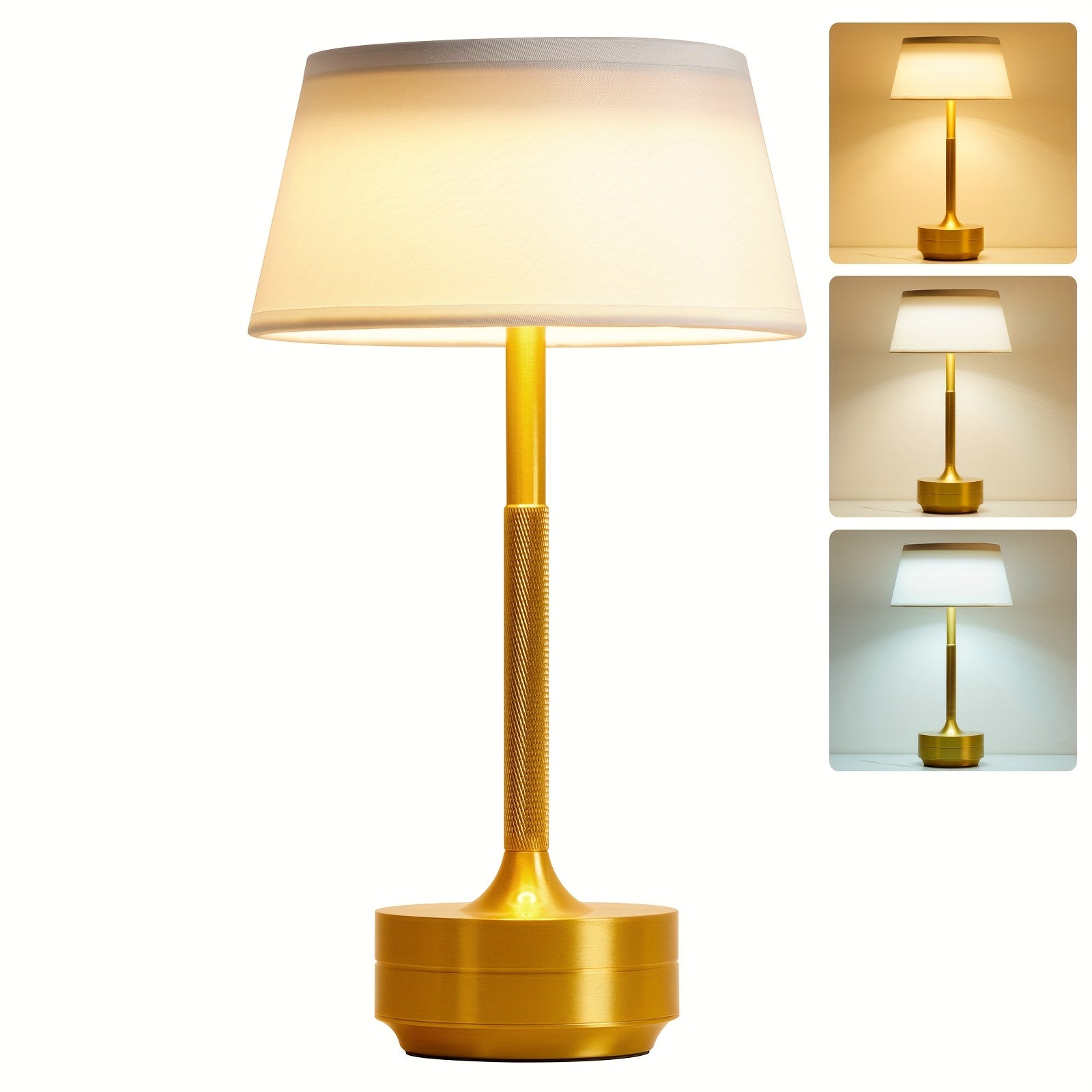 Rechargeable Metal Table Lamp with Touch Control, 3 Color Temperatures, Stepless Dimming, Removable Shade