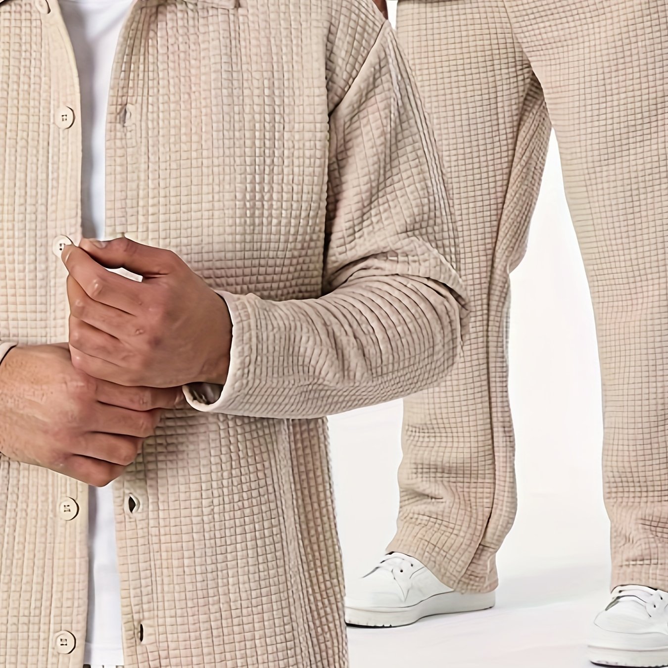 Men's Casual Long Sleeve Shirt and Pants Set Solid Color Fall Winter Polyester Blend