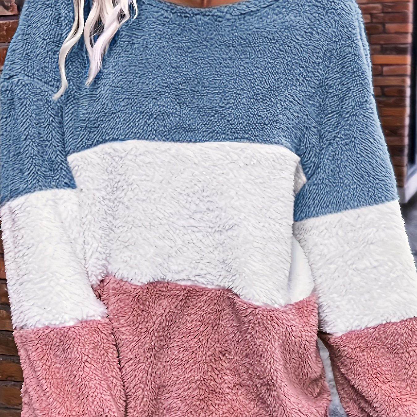 Plus Size Women's Fleece Hoodie Color Block Striped Loose Fit Pullover Winter Warmth