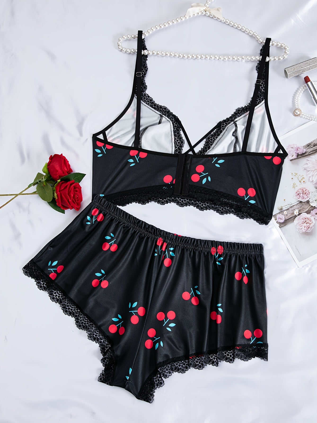 Conjunto de lencería de encaje de talla grande, con estampado floral, bóxer y camisola