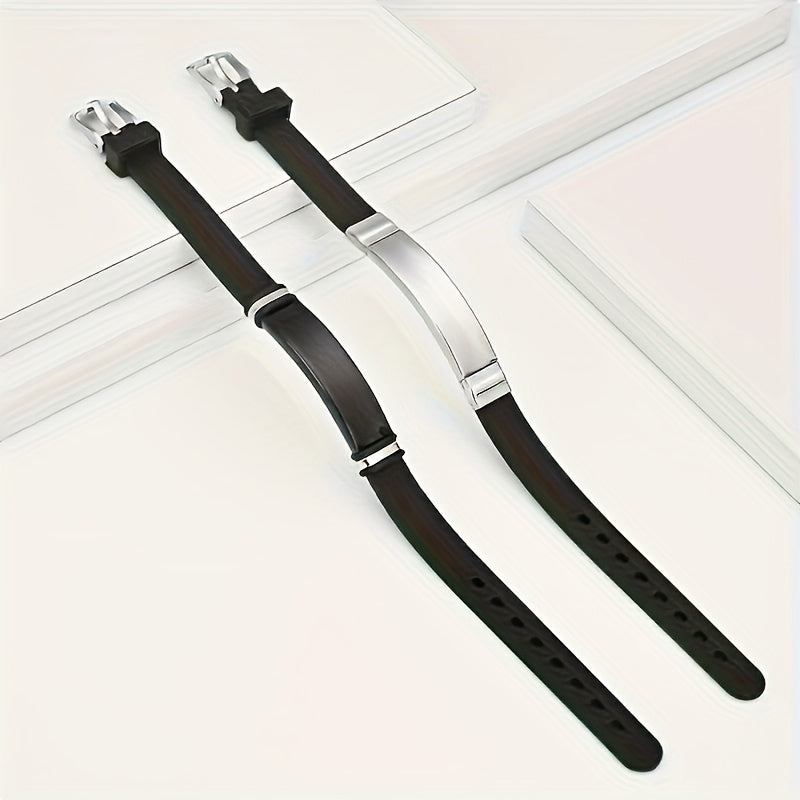 Men's Silicone Bracelet with Engraved Stainless Steel Tag Adjustable ID Wristband August Birthstone Unplated