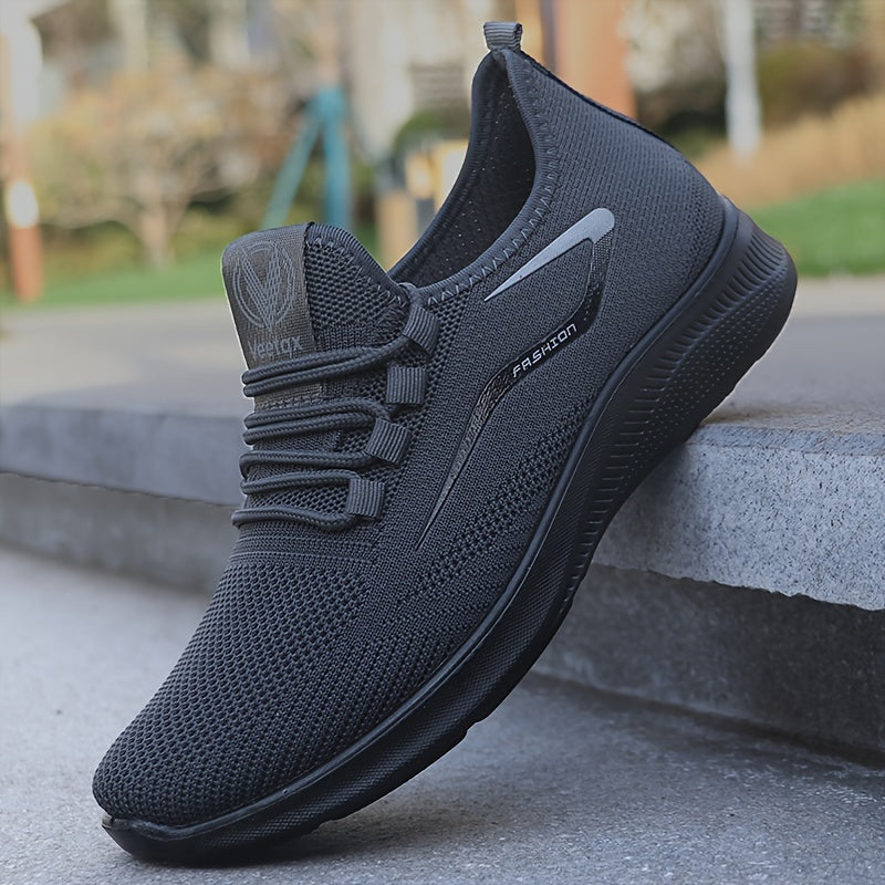 Men's Black Athletic Sneakers with White Accents Breathable Mesh Low Top Casual Gym
