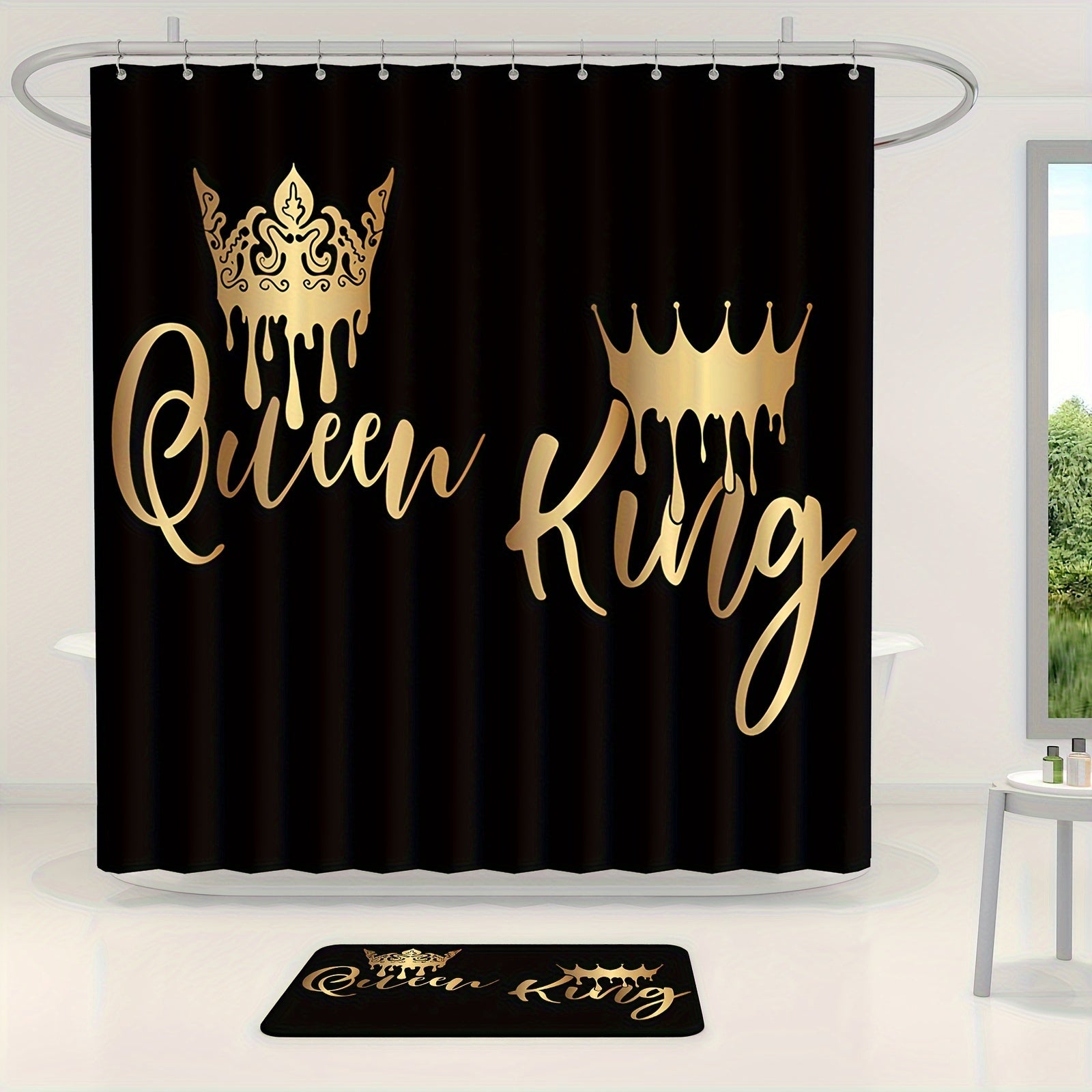 King and Queen Polyester Waterproof Shower Curtain Set with 12 Hooks Non-slip Mat and Floor Mat
