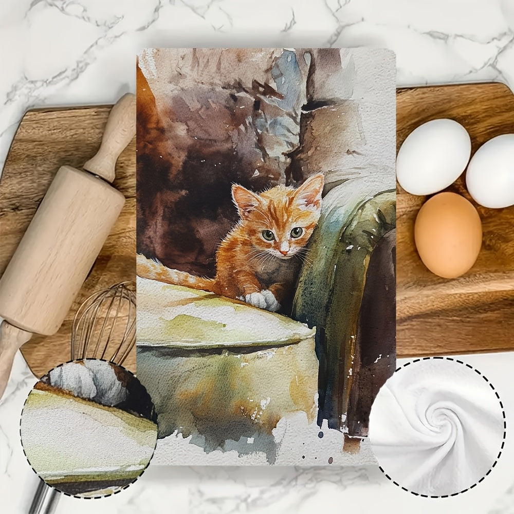 Two-Piece Ultra Soft Kitchen Towels with Peekaboo Kitten Design, Absorbent, Machine Washable