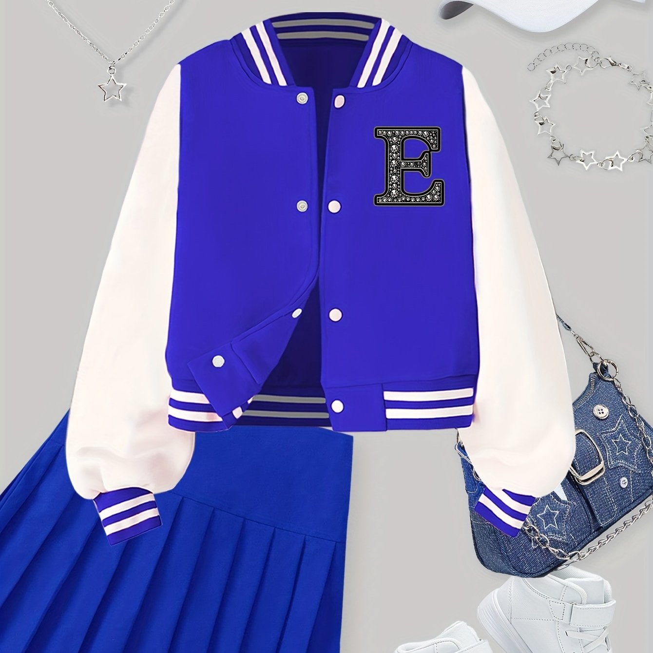 Qizlar uchun moda, qisqa yengli, harf E bosma, tasodifiy jilet, geometrik naqsh, beysbol yelkalari va tikuvli tafsilotlar bilan