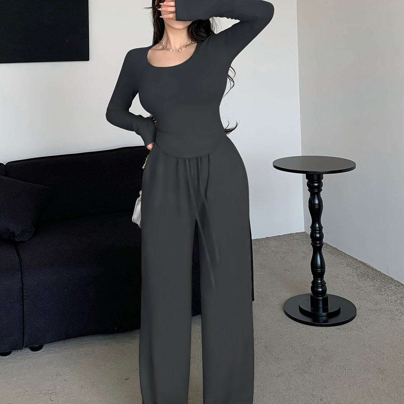Women's Fall Winter Polyester Crew Neck Top and Loose Fit Pants Loungewear Set