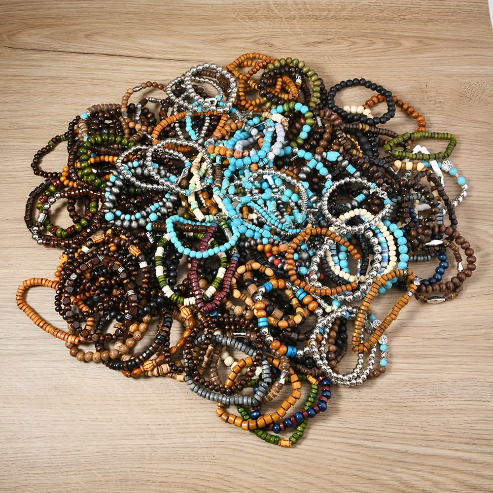 Women’s Boho Wooden Bead Elastic Bracelet Set with February Birthstone Accents