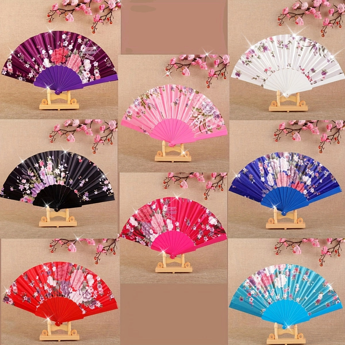 Vintage Floral Silk Folding Fans Set of 8 for Dance Performances and Photo Props