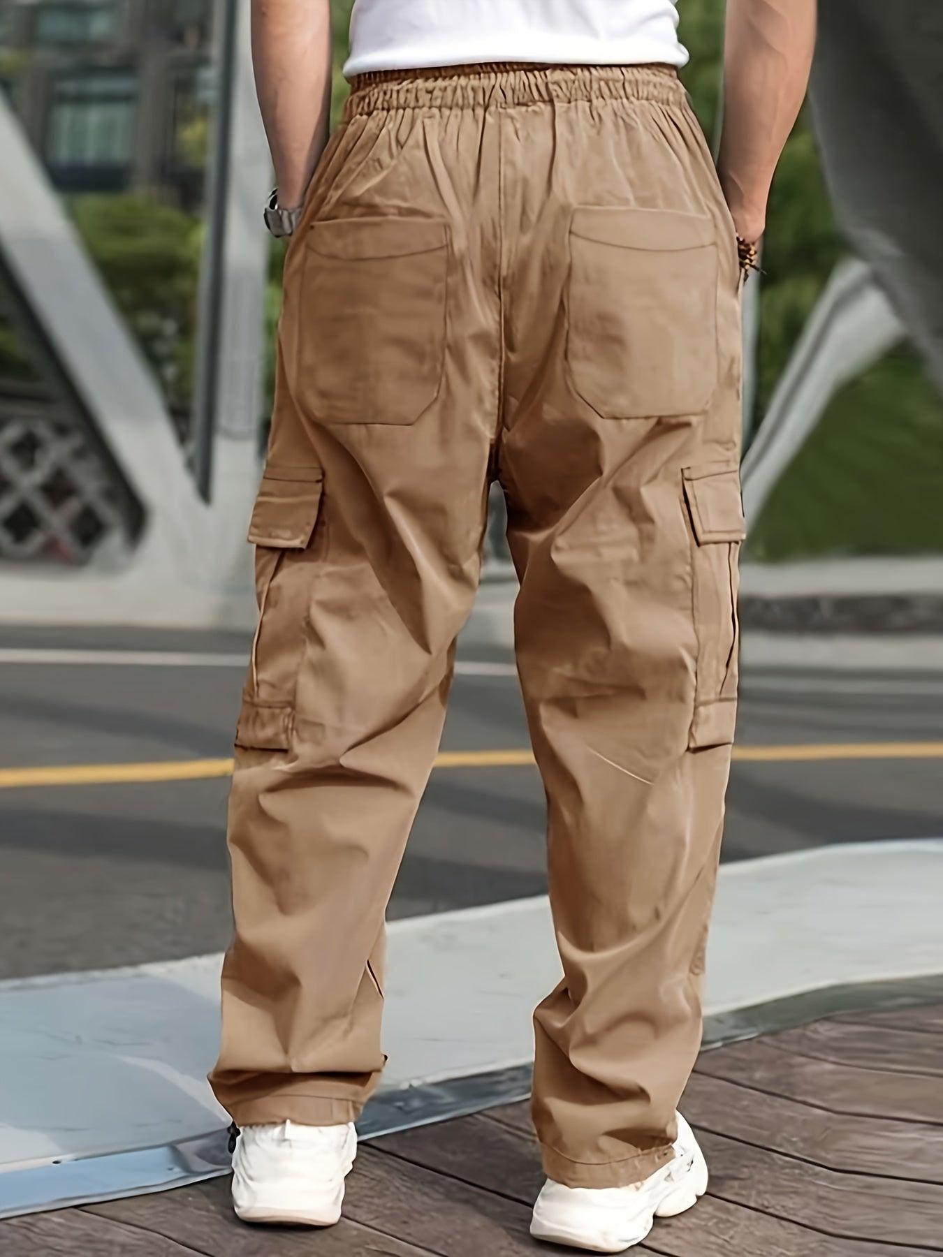 Men's Olive Green Cargo Pants Lightweight Twill with Side Pockets Adjustable Waist All-Season