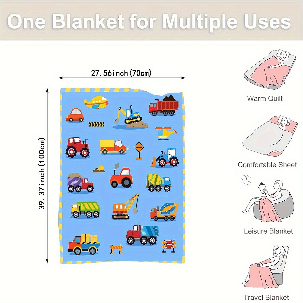 Baby Boys and Girls Lightweight Flannel Velvet Blue Truck Car Blanket 40x50 Inches