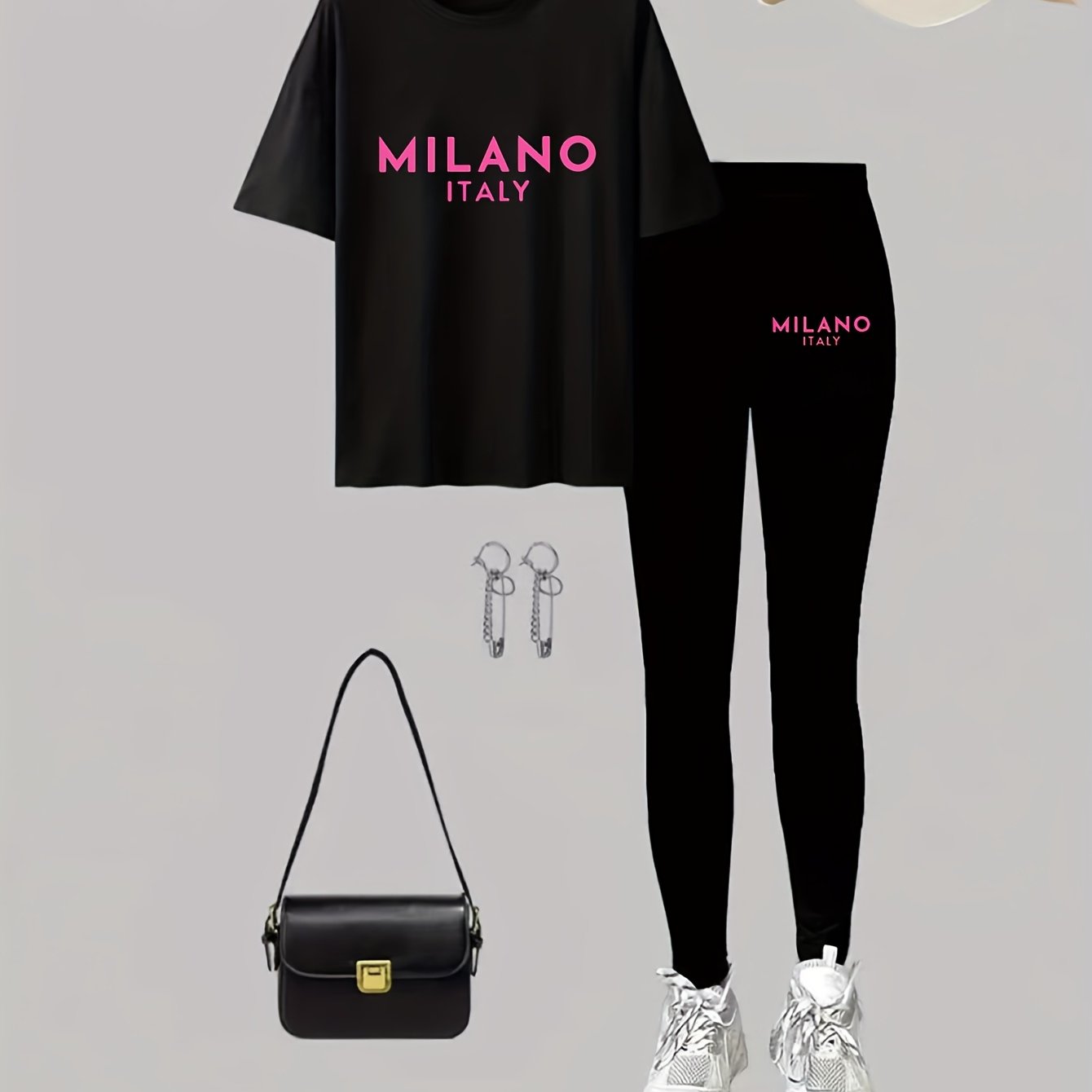 Women's Plus Size Graphic Tee And Leggings Set Polyester Stretch Casual