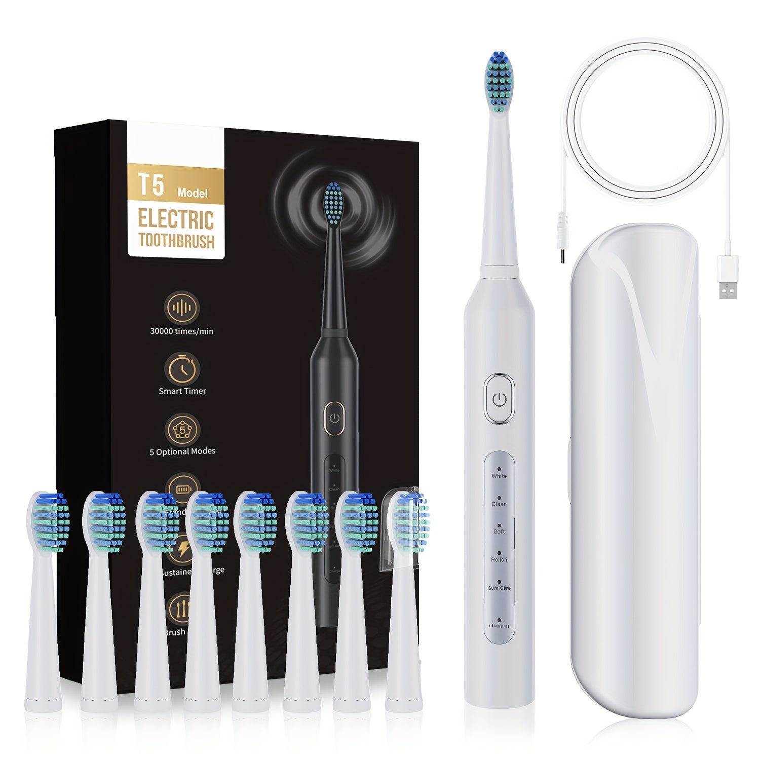 Electric Toothbrush for Adults and Seniors Ultrasound with 8 Replaceable Heads