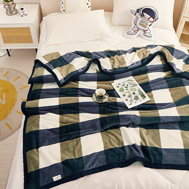 Blue Plaid Flannel Throw Blanket Soft Cozy All Seasons for Naps Travel