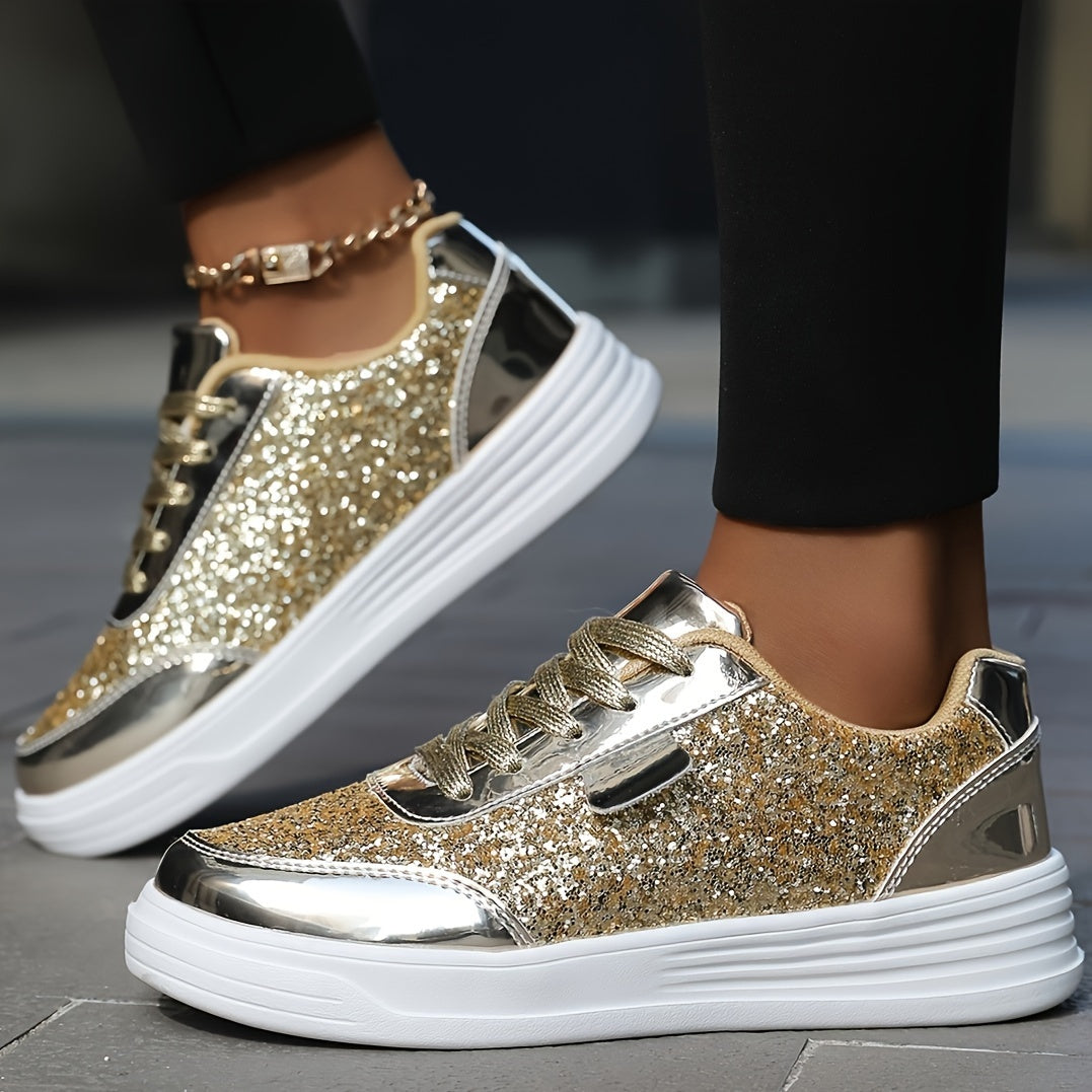 Zapatillas de lentejuelas brillantes para mujer, color dorado y blanco, de caña baja, calzado casual para skate