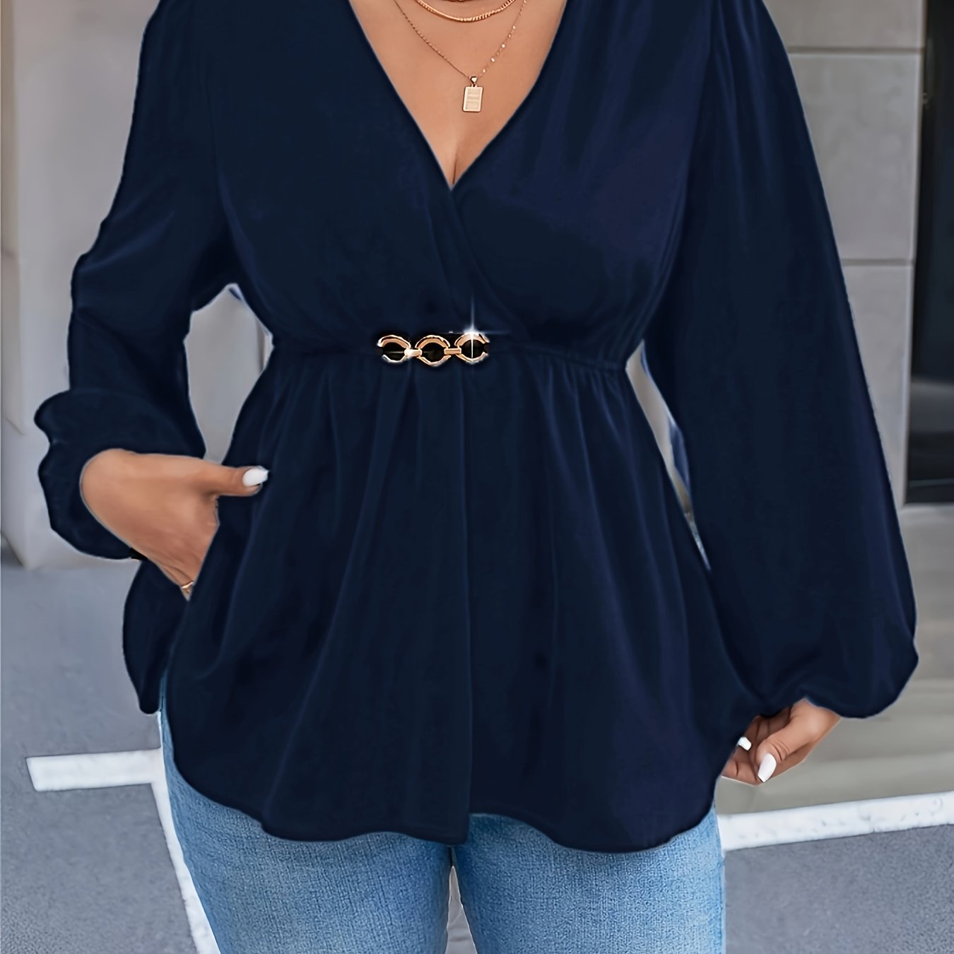 Women's Plus Size V-Neck Lantern Sleeve Blouse Stretchy Polyester Spandex