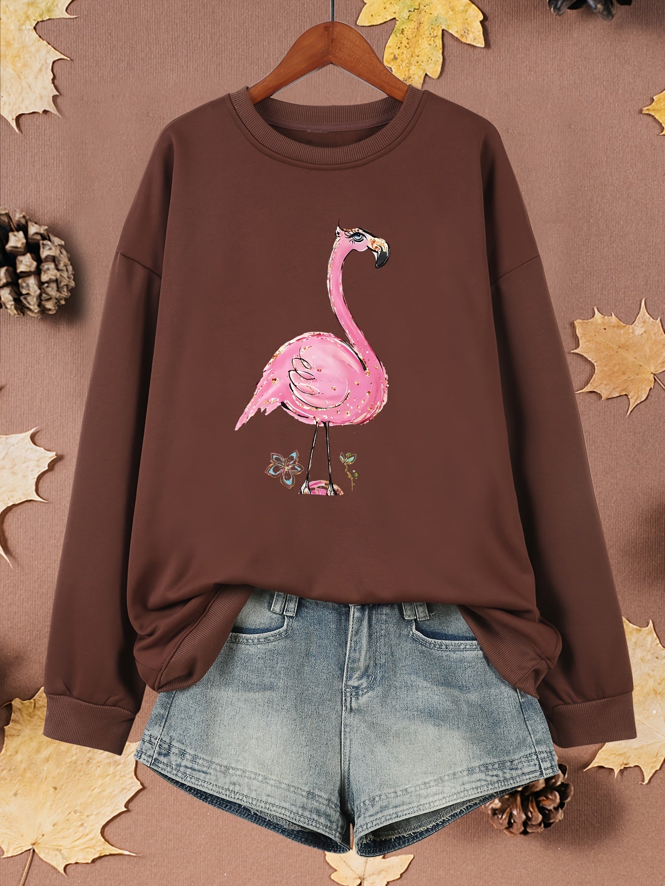 Women's Plus Size Flamingo Print Pullover Sweatshirt Long Sleeve Fall Spring