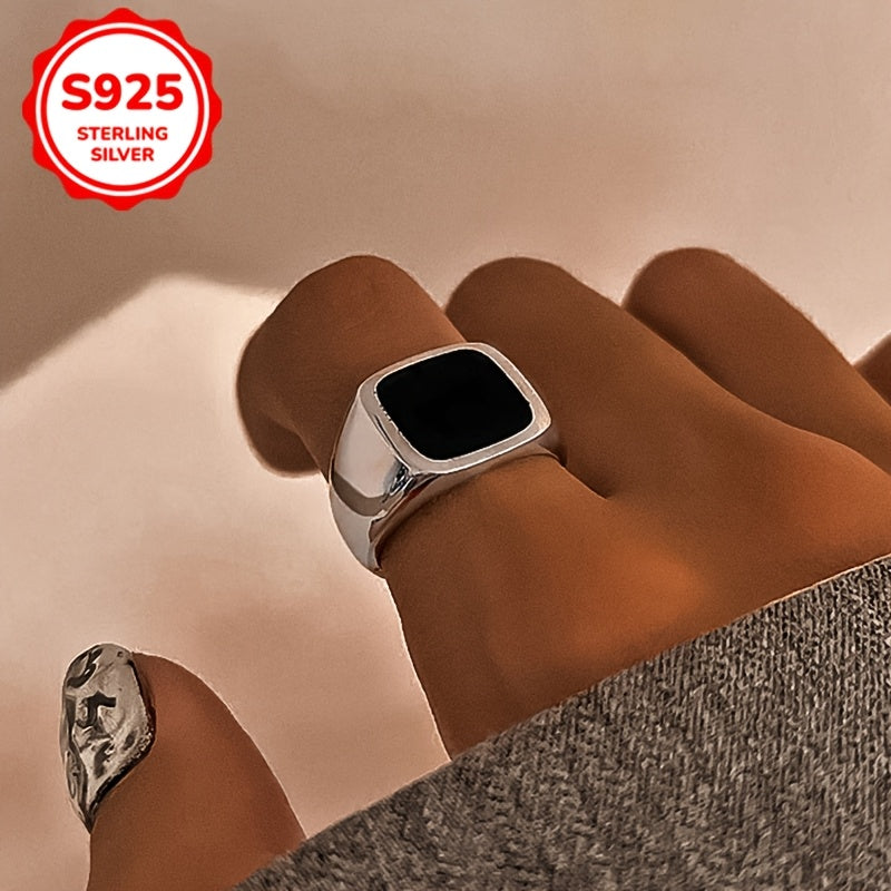 925 Silver Unisex Geometrik Qora Kvadrat Halqa, O'rta Sharq Dizayni, Ochiq Uchi Usuli, 4g/0.141oz yengil