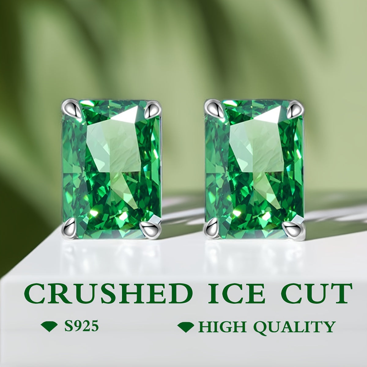 Women's Silver Earrings with Emerald Green Zirconia 8 Carat Ice Cut