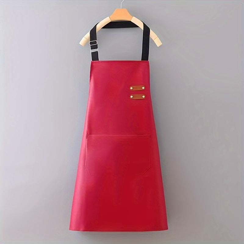 Faux Leather Polyester Apron Waterproof Oil-Proof Adjustable Neck Pocket for Cooking BBQ Barber Black Red