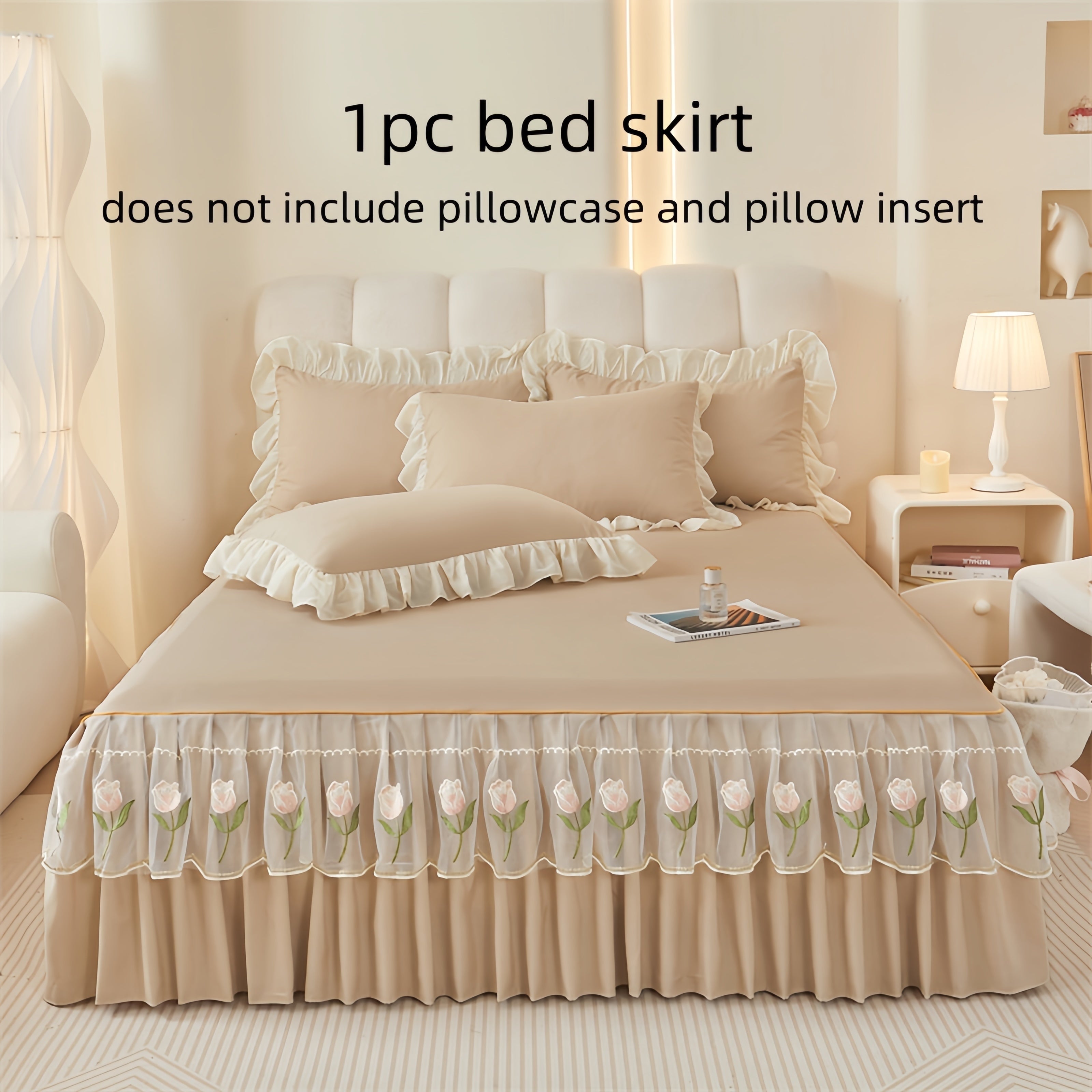 Falda de cama de lujo con borde de encaje y bordado de rosas, lavable a máquina, poliéster suave, fijación antideslizante con cinta