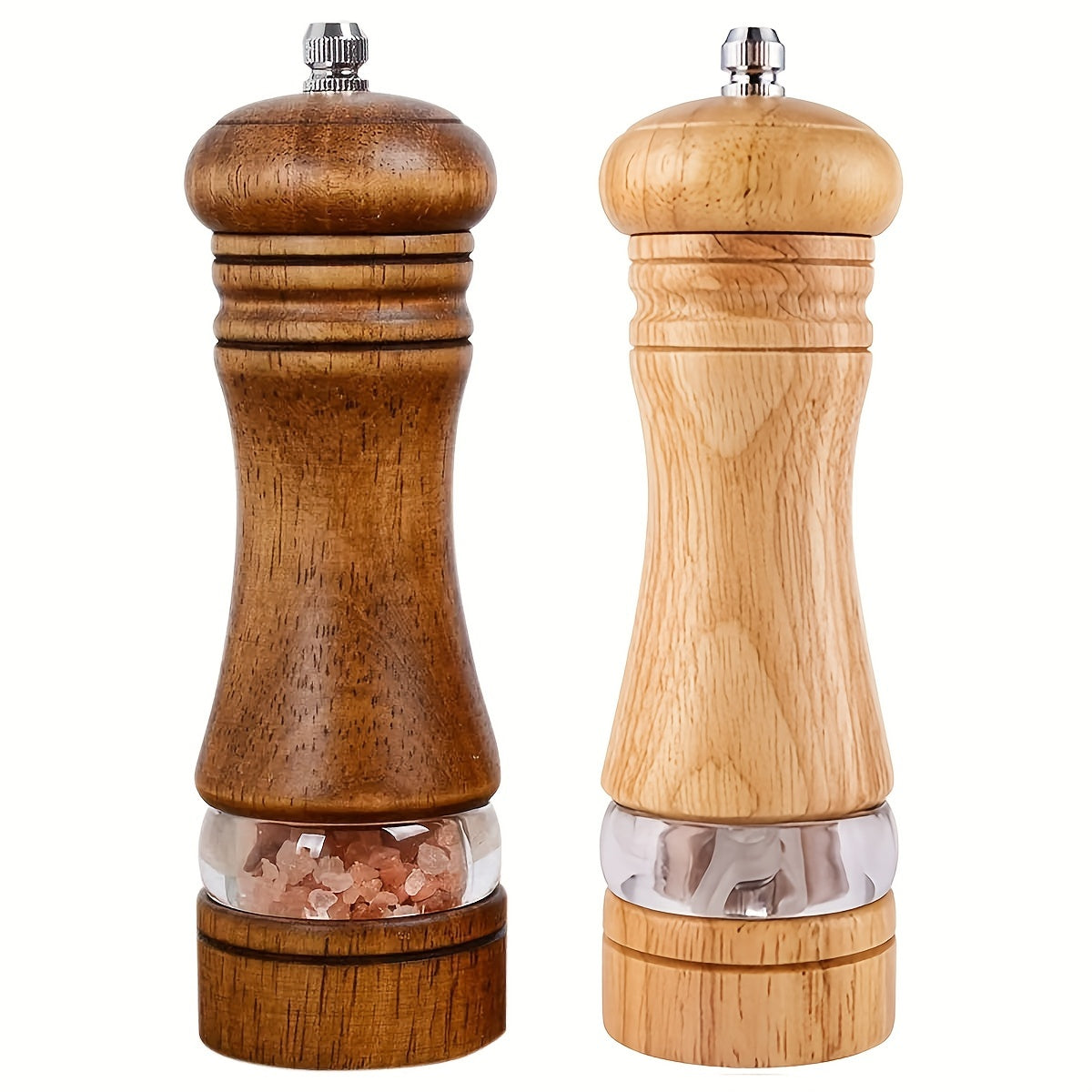Set of 2 Adjustable Wooden Pepper and Sea Salt Grinders, Refillable, Manual Spice Mills